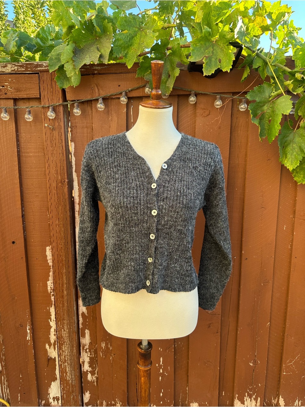 Women's Gray Ribbed Button-Up V-Neck Cardigan Sweater